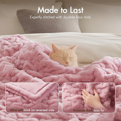 Madison Park Ruched Luxury Throw Premium Soft Cozy Brushed Long Faux Fur for Bed, Couch or Sofa, 50"x60", Pink