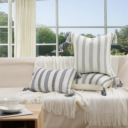 Smile Bee Boho Outdoor Couch Throw Pillow Covers Set of 2 Decorative Thick Woven Striped Accent Neutral Pillow Covers with Tassels for Bed Sofa Home Decor 20x20 Inch, Navy Blue and Cream White