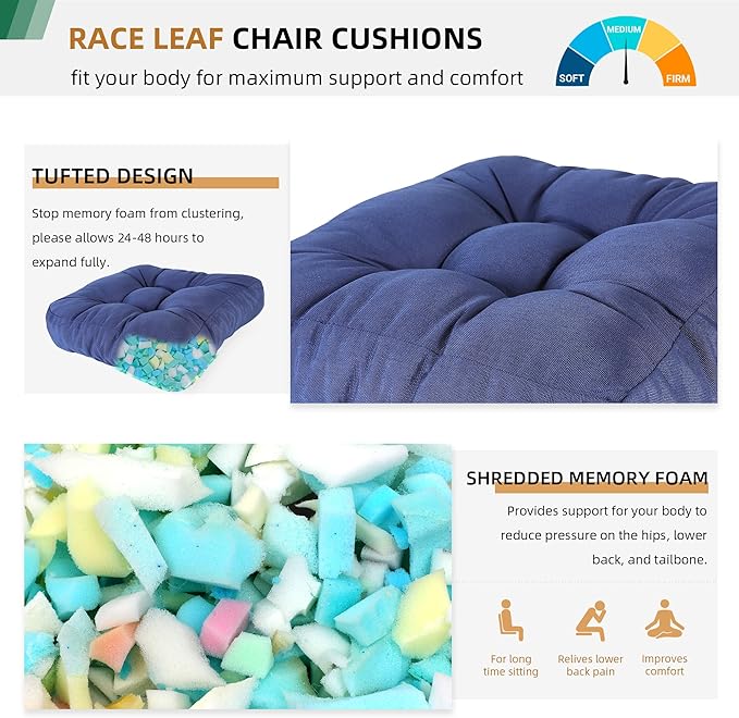 RACE LEAF 4 Pack 17x17 Patio Chair Cushions, Waterproof Memory Foam Cushions with Tufted Cover and Non-Slip Base (Navy)