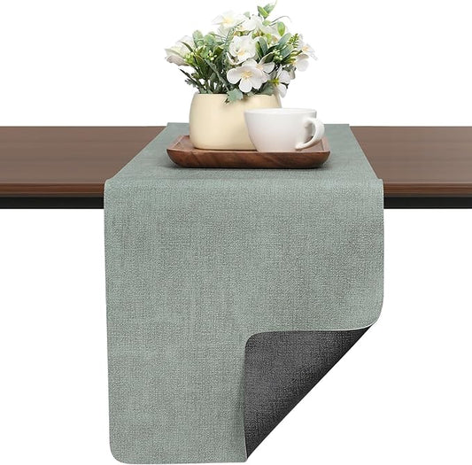 Table Runners 94 Inches Long, Dual-Sided Faux Leather Farmhouse Table Runner Waterproof Heatproof Non-Slip for Living Room Party Home Decor Holiday Decorations(Gray Sage Green, 15 x94 Inch)