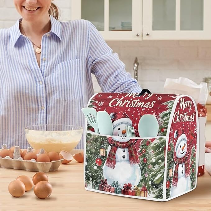 Merry Christmas Stand Mixer Cover Red Snowman Small Appliance Dust Covers For Kitchen Counter Washable Dustproof Cloth Cover for 6-8 Quart Mixers Christmas Kitchen Decor
