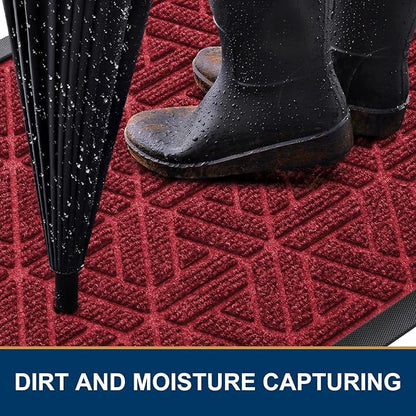 Smiry Front Door Mat Outside Entrance, Heavy Duty Sturdy Natural Rubber Doormat, Trap Dirt and Moisture, Easy Clean Low Profile Mats for Indoor Outdoor Entry, Grid Geometric (36x24, Wine Red)