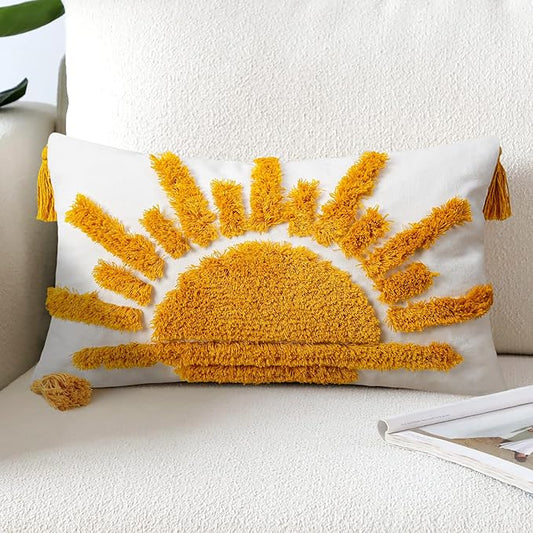 Adabana Boho Decorative Throw Pillow Covers 12x20 Tufted Yellow Sun Sunshine Pillow Cover for Bedroom Living Room Bed Sofa