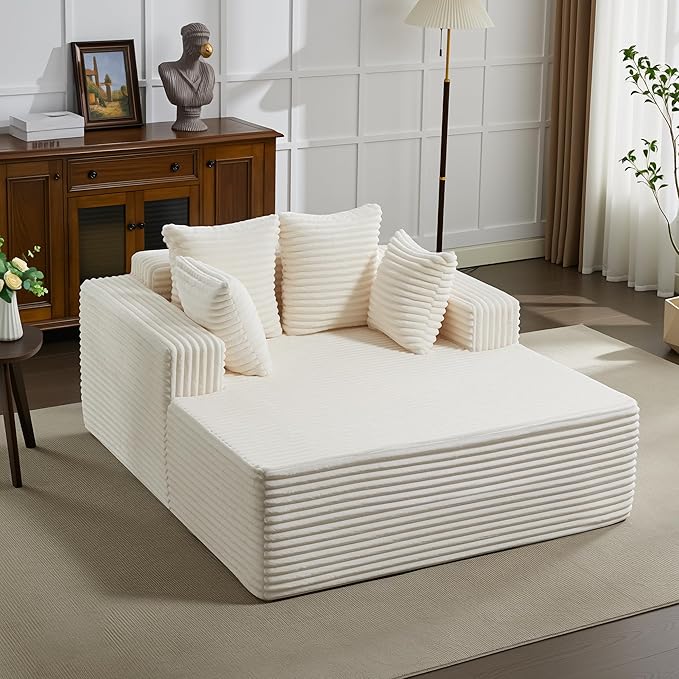 61" Oversized Chaise Lounge Chair Indoor, Boneless Couch Cloud Fluffy Chaise Lounges Corduroy Upholstered Sofa Bed w/Throw Pillows for Living Room Home Beige