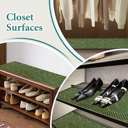Shelf Liners for Kitchen Cabinets 17.5in x 30FT, Non Adhesive Cabinet Liner Strong Non-Slip Thickened Gold Green Geometric Drawer Liner, Easy to Clean for Shelf, Cabinet with Knife and Tape Measure