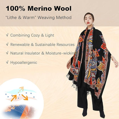 DANA XU 100% Merino Wool Pashmina Shawl for Women 96"x43", Oversized Cashmere Wrap with Tassels, Floral Travel Blanket Cape
