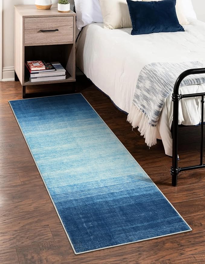 Wonnitar Ombre Blue Washable 2x6 Runner Rug for Hallway, Modern Bathroom Rug Runner, Non-Slip Low Pile Gradient Soft Entryway Carpet Runner for Laundry Entrance Kitchen (Blue, 2'x6')