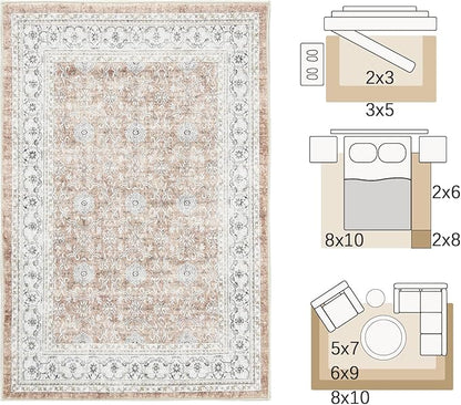 jinchan Floral 3x5 Area Rugs for Entryway - Orange Vintage Distressed Design Doormat Non-Slip Ultra-Thin Low Pile Boho Rug for Kitchen Living Room Bedroom Farmhouse (3‘x5', Orange)
