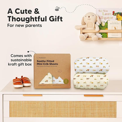 2-Pack Mini Crib Sheets Fitted - 38x26 Pack N Play Sheets for Pack and Play Mattress, Organic Cotton, Soft & Breathable Playard Bedding, Neutral Mini Toddler Bed Cover for Boys, Girls (Construction)