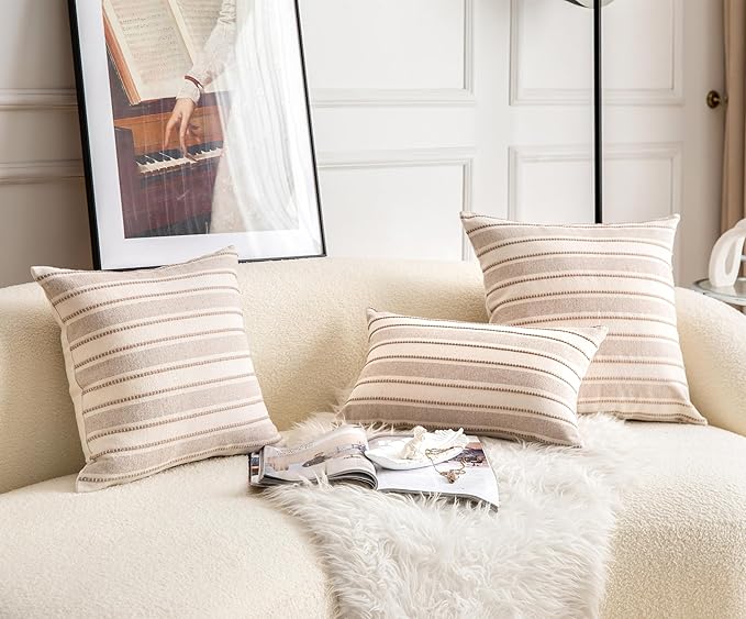 Decorative Boho Throw Pillow Covers, Farmhouse Textured Pillow Case, 22 x 22 Inch Set of 2, Chair Sofa Bedroom Living Room Home Decor Couch Cushion Case, Taupe and Beige Striped