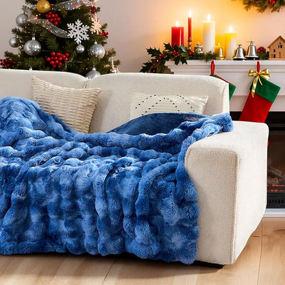 Lotus Karen Faux Fur Throw Blanket Tie-Dye Blue-Big Bubble Rabbit Fluff Blanket for Couch,Small Fluffy Fuzzy Cozy Blanket,Thick Furry Plush Shaggy Blankets,50x60 Inches