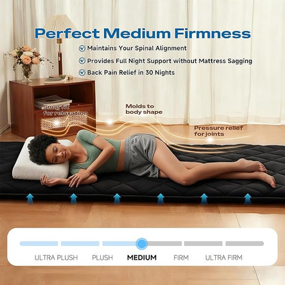 Aircliff Japanese Floor Futon Mattress, Roll Up Tatami Mat, Sleeping Pad, Shikibuton, Portable Foam Floor Bed Mattress for Sleeping, Dormitory, Guest Bed, Designed in Japan(Black, Queen)