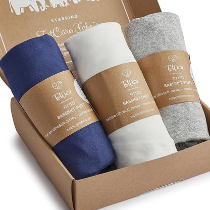 Bassinet Fitted Sheets for Dream on Me Traveler Portable Bassinet & Skylar, Seashell Bedside Sleeper - Buttery Soft, Premium Stretchy Jersey Knit Sheets - Navy + Grey + Cloud, 3 Pack