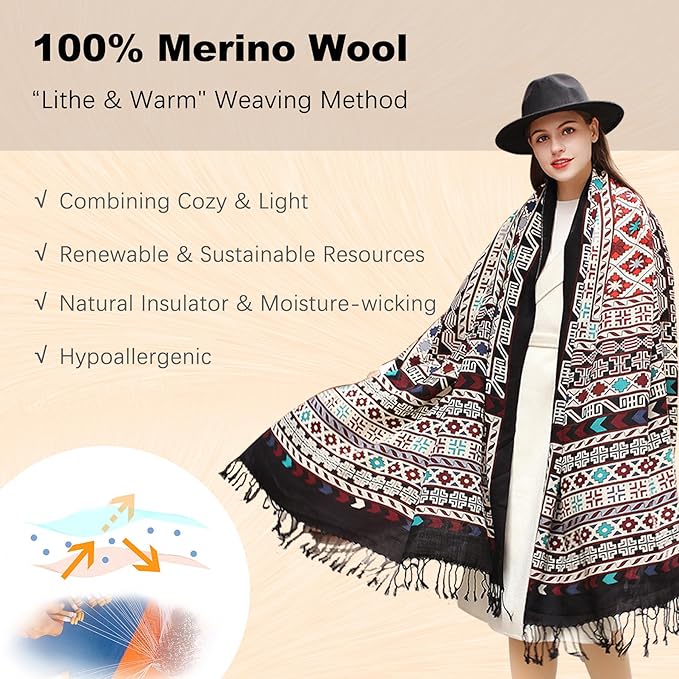DANA XU 100% Merino Wool Extra Large Pashmina Blanket Travel Scarf Cashmere Wrap for Women Fall Winter Oversize Shawl Floral