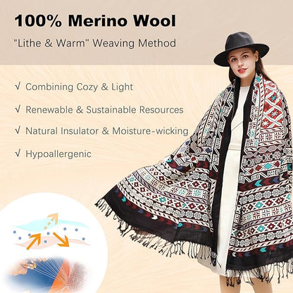 DANA XU 100% Merino Wool Extra Large Pashmina Blanket Travel Scarf Cashmere Wrap for Women Fall Winter Oversize Shawl Floral