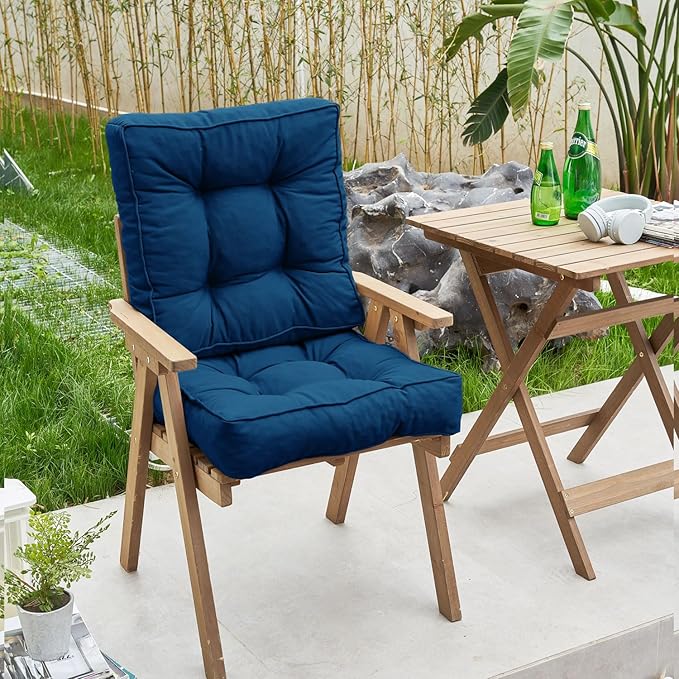 ARTPLAN Outdoor Seat Cushion,Square Thick Tufted Pure Chair Cushion for Patio Wicker Chair with Tie,Set of 2,19"x19"x5"，Classic Blue