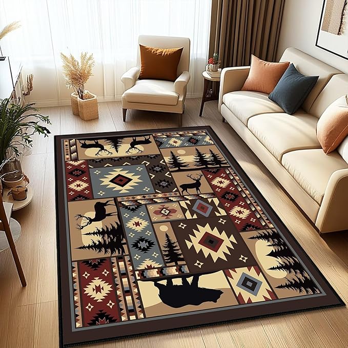 Rustic Rug for Living Room,Cabin Wildlife Area Rug 5x7,Buffalo Plaid Bear Moose Deer Country,Washable Throw Carpet Vintage Carpets Runner Indoor Non Slip Accent Floor Mats for Bedroom,Kids Playroom