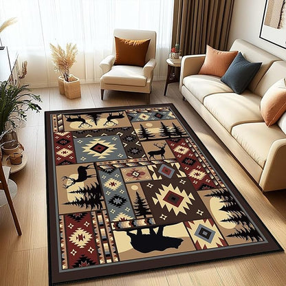 Rustic Rug for Bedroom,Cabin Wildlife Area Rug 4x6 Carpets Runner for Living Room,Buffalo Plaid Bear Moose Deer Country,Washable Throw Rugs Indoor Doormat Non Slip Floor Mats for Dining Room,Laundry