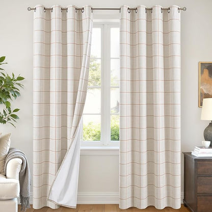Linen Blackout Curtains for Living Room - Boho Plaid Pattern Thermal Insulated Grommet Cottage Core Window Treatments Rustic Drapes for Farmhouse, 52x84 Inch 2 Panels, Terracotta