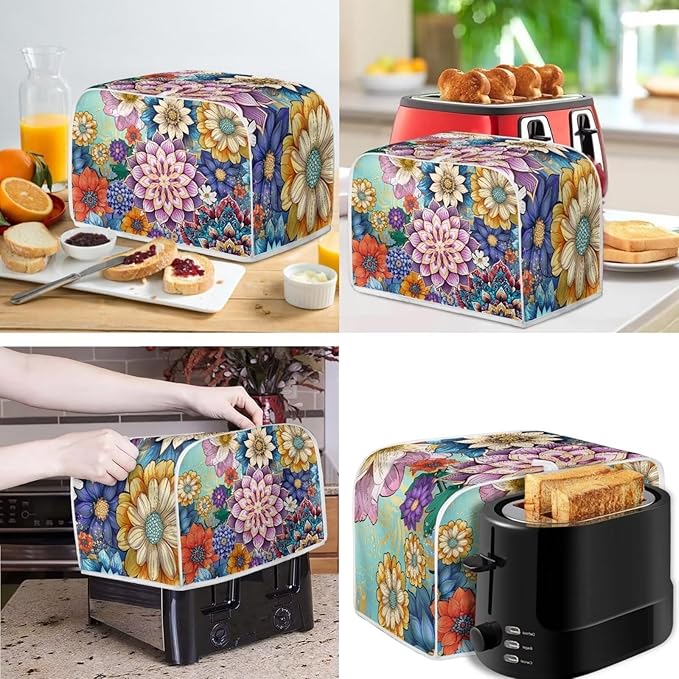 Bright Blossom Flower Toaster Cover 2 Slice，Boho Hippie Floral Kitchen Blender Dust Cover 2 Pcs Small Appliance Dust Cover Anti Fingerprint and Oil Proof Cover-L