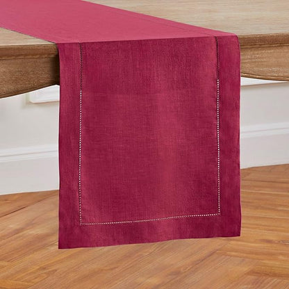 Solino Home Linen Table Runner 36 Inches - 100% Pure Linen Beet Hemstitch Table Runner 14 x 36 Inch Ideal for Dresser and Coffee Tables - Christmas, New Year, Winter - Classic Hemstitch