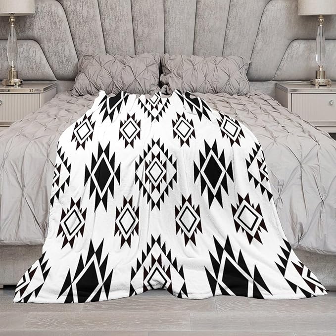 Boho Throw Blanket, Black and White Native Blankets, Vintage Tribal Aztec Printed Flannel Blanket for Chair Bed Sofa Couch 60"x80"