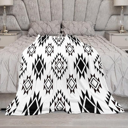 Boho Throw Blanket, Black and White Native Blankets, Vintage Tribal Aztec Printed Flannel Blanket for Chair Bed Sofa Couch 60"x80"