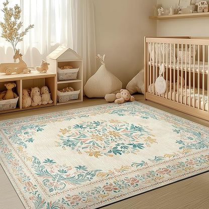 jinchan Vintage Floral 6x9 Area Rugs for Living Room - Machine Washable Distressed Design Soft Throw Rug Ultra-Thin Non-Slip Large Carpet for Bedroom Nursery Dining Room Home Office (6x9ft, Apricot)
