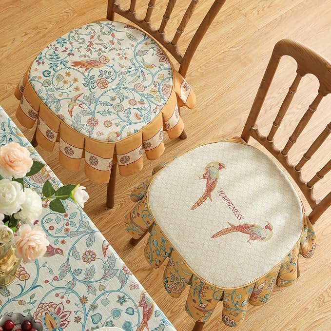 patdrea Pack of 2 Chair Cushions for Dining Chairs with Ruffled, Yellow Birds Seat Cushion with Ties,Removable,Non Slip Chair Pads Decor for Bar Stool Cushions, Indoor Kitchen Chairs, 17.7"x17.7"