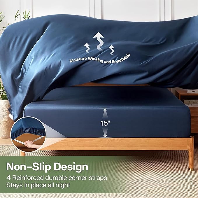 MR&HM Fitted Sheet & Pillowcase Set Queen, 3-Piece Blend Rayon Derived from Bamboo, Silky Soft & Breathable, 15" Deep Pocket with Elastic Straps, Cooling Sheets for Hot Sleepers, Navy Blue