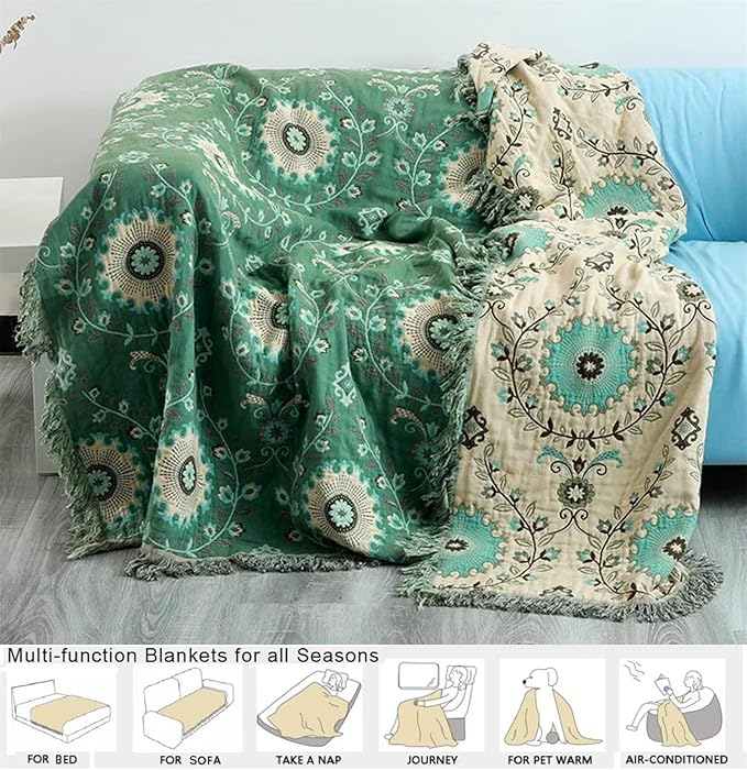 MSGKV Boho Throw Blanket for Couch Bed 100% Cotton Blankets Woven Green Blanket,Versatile Double Sided, Super Soft Warm Blanket 60''x 80''