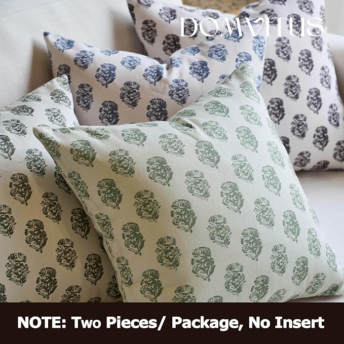 DOMVITUS Set of 2 Floral Pillow Covers 24x24, Block Print Pillow Covers Vintage Neutral Decorative Farmhouse Throw Pillow Covers for Couch Bed Living Room Sage Green