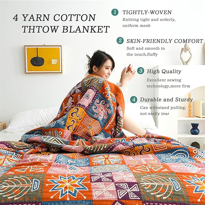 Cotton Throw Boho Blanket for Couch Bed,Cotton Quilted Boho 80''x90'' Muslin Blankets Travel Mexican Super Soft Blanket