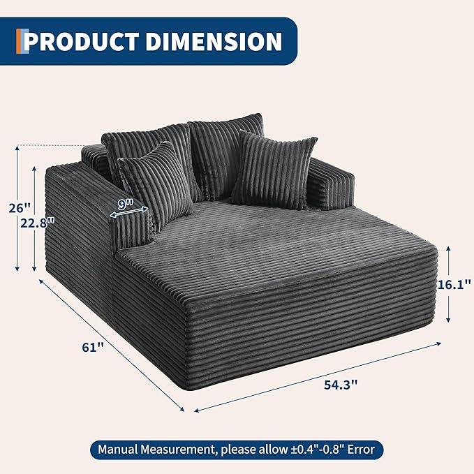 Oversized Chaise Lounge Chair Indoor, Boneless Couch Cloud Fluffy Chaise Lounges Corduroy Upholstered Sofa Bed w/Throw Pillows for Living Room Home Grey