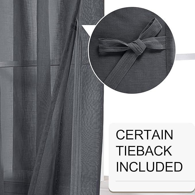 XWZO Dark Grey Sheer Curtains 84 Inches Long for Bedroom, Ring Top Light Filtering Extra Soft Voile Window Curtains with Grommet for Dining Room with Tiebacks, Set of 2 Panels, 52 x 84 Inches Long