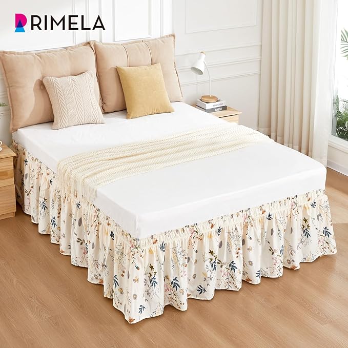 RIMELA Cream Balloon Bed Skirt Queen Size 15 Inch Drop, Elastic Bed Skirting for Bed Frame, Bedding Dust Ruffle Easy to Install, Lightweight Wrap Around Adjustable Bedskirt,Bedroom Decor