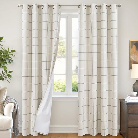 Linen Blackout Curtains for Living Room - Boho Plaid Pattern Thermal Insulated Grommet Cottage Core Window Treatments Rustic Drapes for Farmhouse, 52x84 Inch 2 Panels, Dark Green