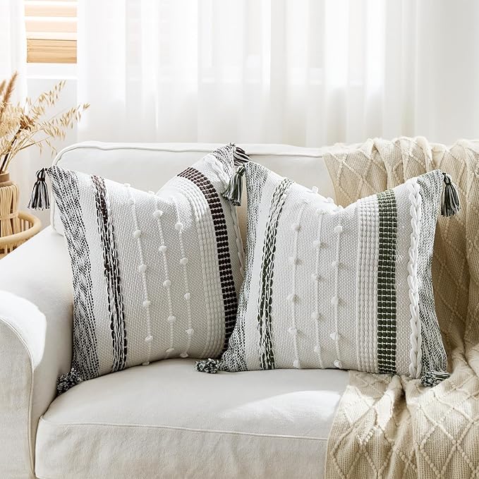 Boho Pillow Cover 18x18 Olive Green - Handmade Woven Textured Throw Pillow Case with Cordings & Tassels, Decorative Accent for Couch Sofa Farmhouse Living Room Home Decor