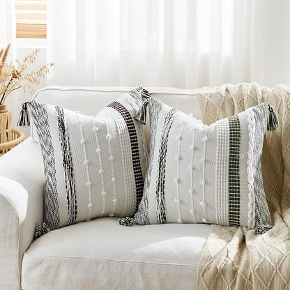 Boho Pillow Cover 18x18 Olive Green - Handmade Woven Textured Throw Pillow Case with Cordings & Tassels, Decorative Accent for Couch Sofa Farmhouse Living Room Home Decor