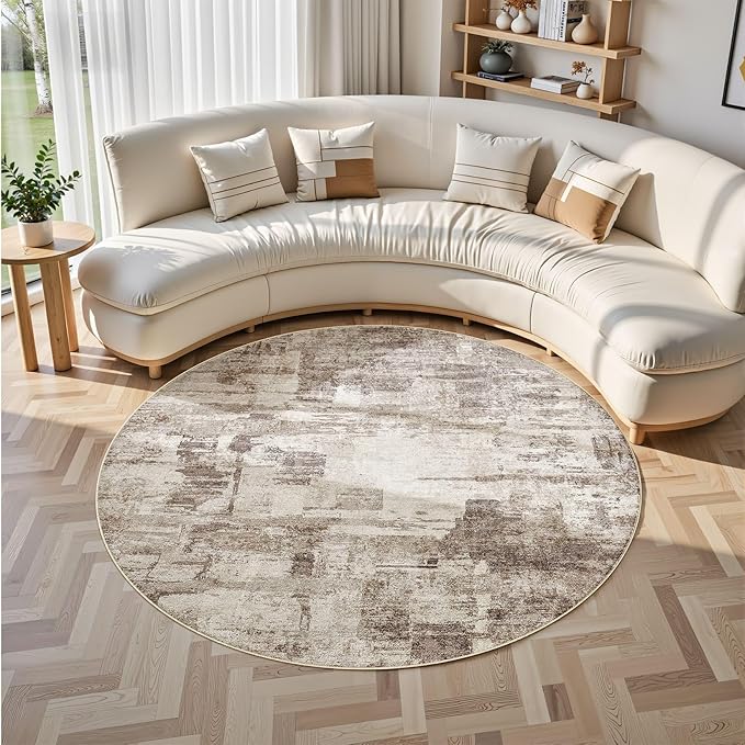 Abstract Living Room Rug Round 6FT - Modern Washable Soft Thin Area Rug for Living Room Bedroom Under Dining Table - Neutral Indoor Floor Rug Carpets for Home Office Playroom Nursery - Brown