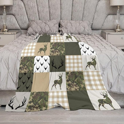 Camouflage Deer Blanket, Vintage Camo Green Beige Plaid Rustic Cabin Wildlife Hunting Blankets for Mens Room Bed Sofa, 60"x80"