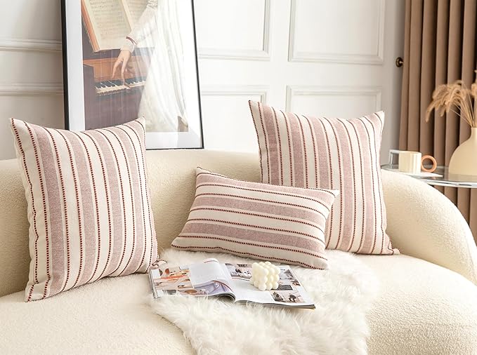 Decorative Boho Throw Pillow Covers, Farmhouse Textured Pillow Case, 22 x 22 Inch Set of 2, Chair Sofa Bedroom Living Room Home Decor Couch Cushion Case, Rust and Beige Striped