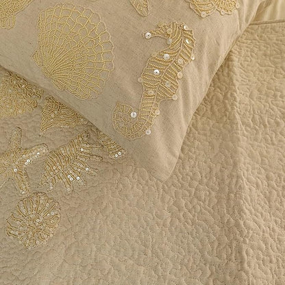 The HomeCentric King Queen Twin Beige Handmade Full 68"x18" Bed Runner with 2 Pillow Cover, Pearl Embroidery Bed Scarf on Linen Fabric - Off to The Sea