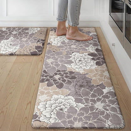 GENIMO Kitchen Mats for Floor, Kitchen Rugs Non Slip Washable Sets of 2, Waterproof Cushioned Anti Fatigue Mat, Floral Runner Rug for Laundry, Sink, Office, Home, 17.3"x47"+17.3"x30", Coffee Brown