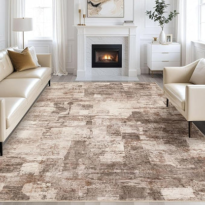 Abstract Living Room Rug 10x14 - Modern Washable Soft Thin Area Rug for Living Room Bedroom Under Dining Table - Neutral Indoor Floor Rug Carpets for Home Office Playroom Nursery - Brown