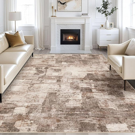 Abstract Living Room Rug 10x14 - Modern Washable Soft Thin Area Rug for Living Room Bedroom Under Dining Table - Neutral Indoor Floor Rug Carpets for Home Office Playroom Nursery - Brown