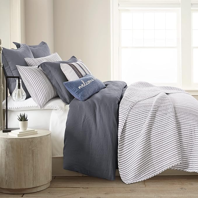 Levtex Home Tobago Stripe Charcoal Reversible King/Cal King Quilt Set (106x92in) and 2 Pillow Shams (36x20in) - Striped - Charcoal - Cotton King Size Quilt Bedding Set - Lightweight Soft Pre-Washed
