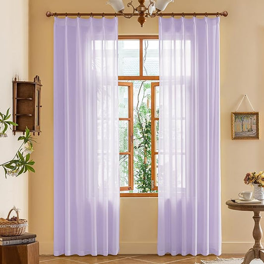 80 Inch Length Light Purple Pinch Pleat Sheer Curtains Lightweight Light Filtering Pleated Drapes with Adjustable Hooks for Dining Room Patio Door, Pastel Lilac, 42" W x 80" L, 2 Panels