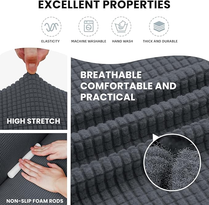LURKA Stretch Sofa Slipcovers 1 Piece Couch Covers for 3 Cushion Couch Sofa Furniture Protector Full Sofa Covers with Elastic Bottom for Kids and Dog (Dark Grey, Large)