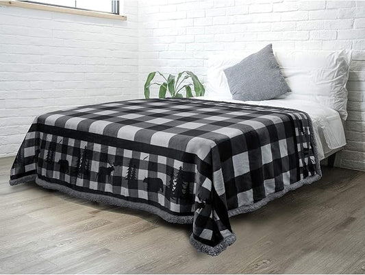Pavilia Winter Cabin Sherpa Blanket Throw Twin | Flannel Fleece Christmas Plaid Holiday Blanket Gift | Plush, Soft, Warm, Cozy, Reversible Microfiber Throw 60x80 (Grey)